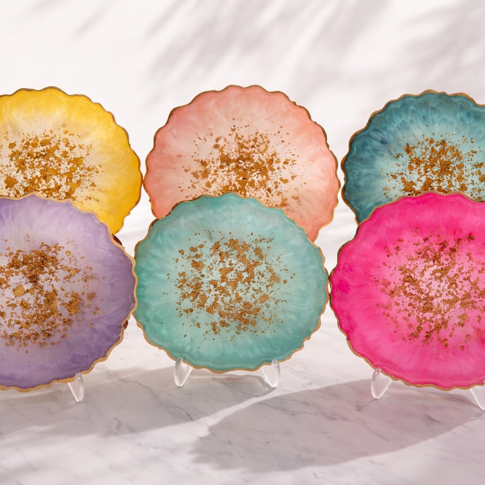 Handmade Resin Geode Coasters - Assorted Bright Colors with Gold Leaf
